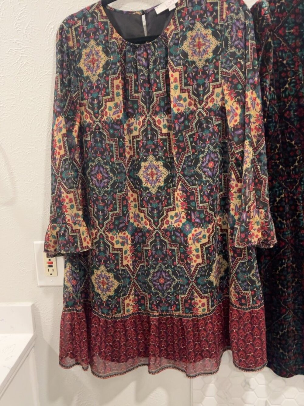 🌸 LOFT Boho Print Bell Sleeve Shift Dress – Size M